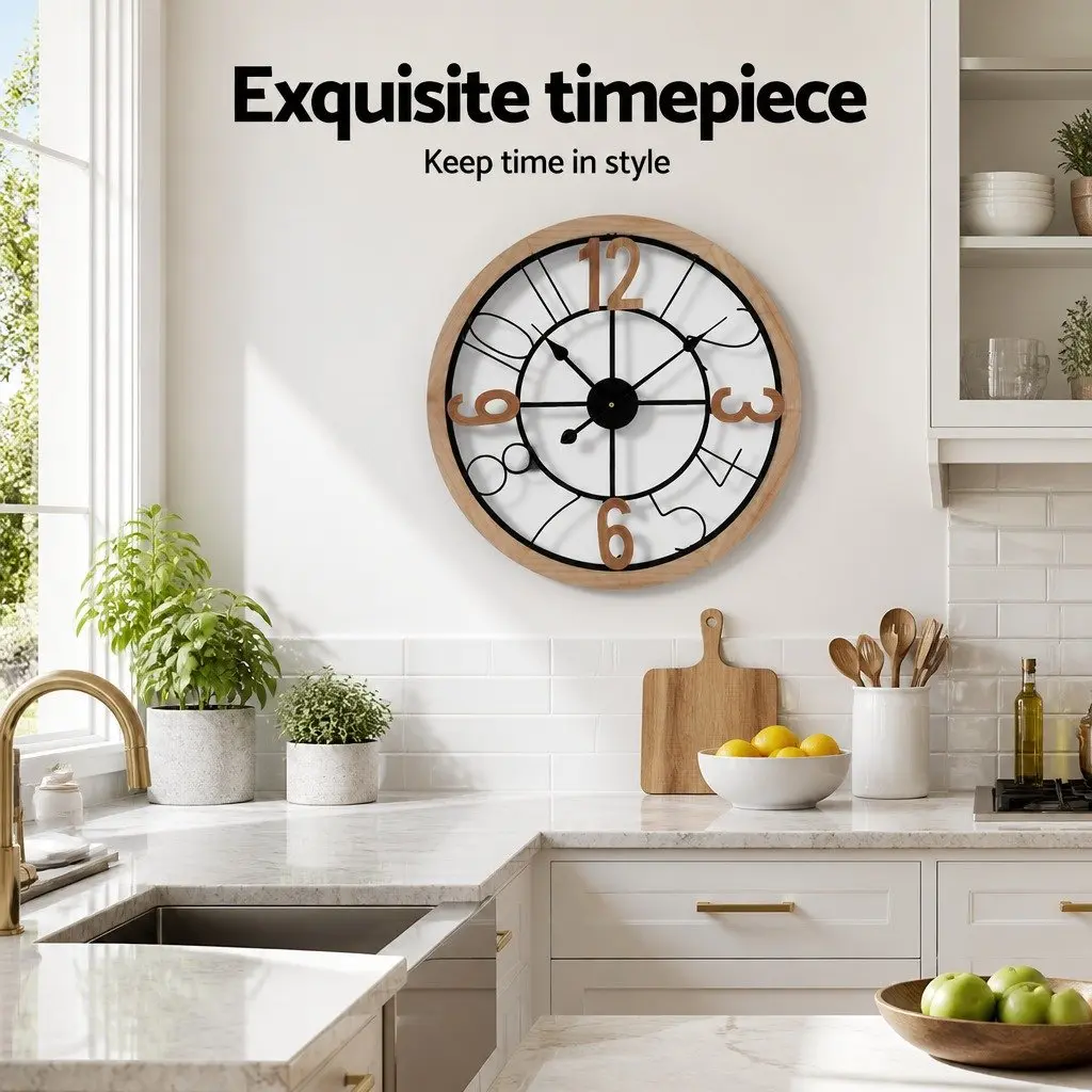 60cm Large Wall Clock with Bold Arabic Numerals in Black and Pine Metal and MDF Frame
