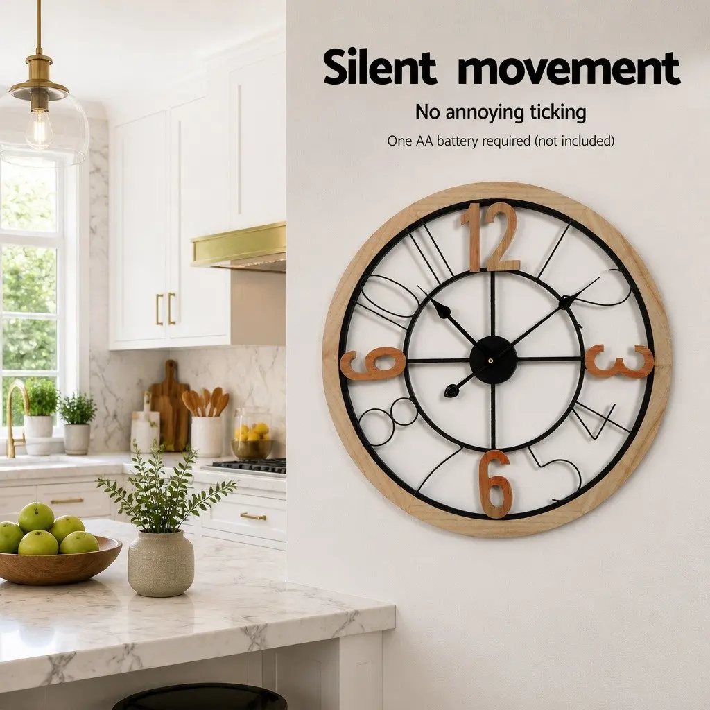60cm Large Wall Clock with Bold Arabic Numerals in Black and Pine Metal and MDF Frame