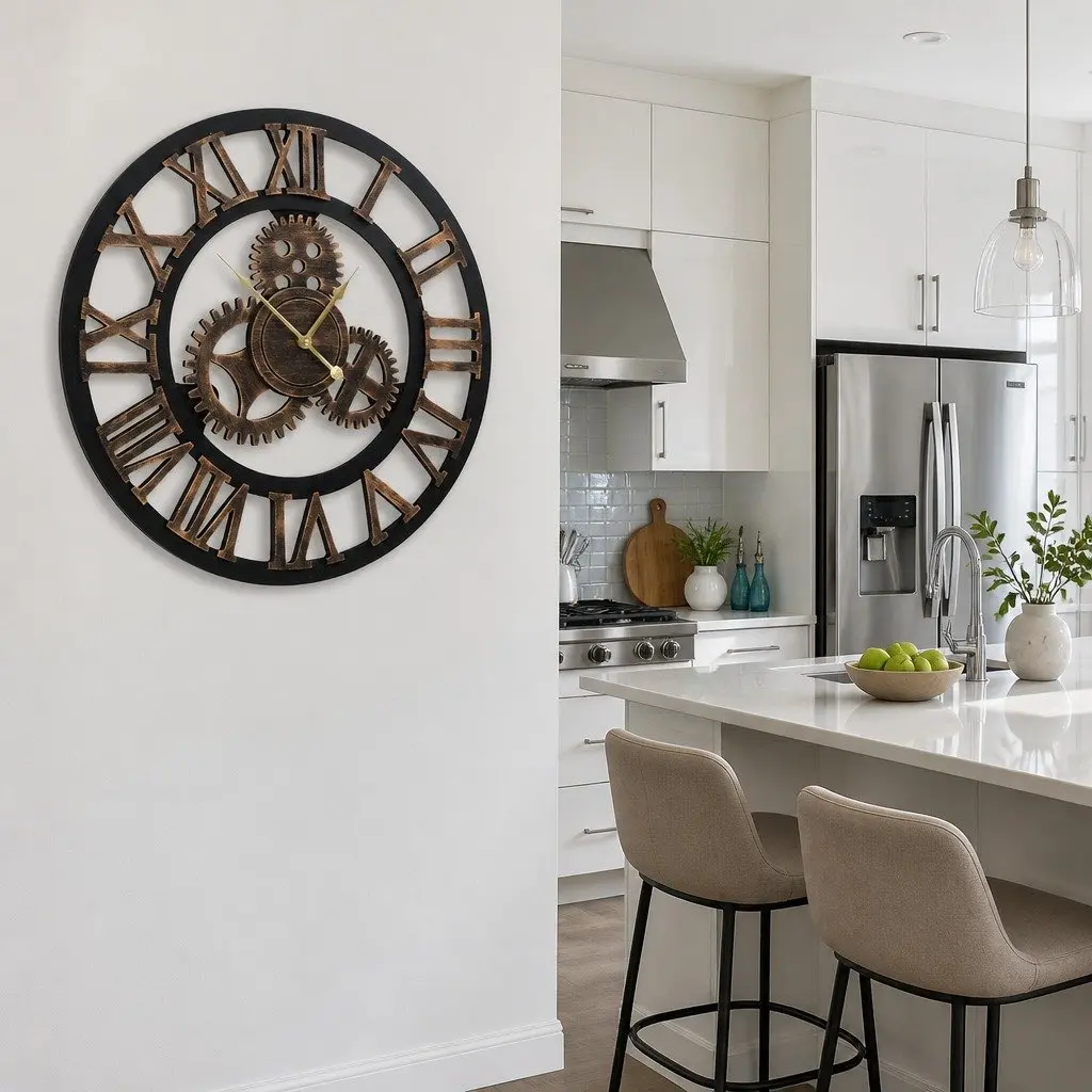 Large Steampunk Wall Clock 60cm Rustic Brown with 3D Roman Numerals