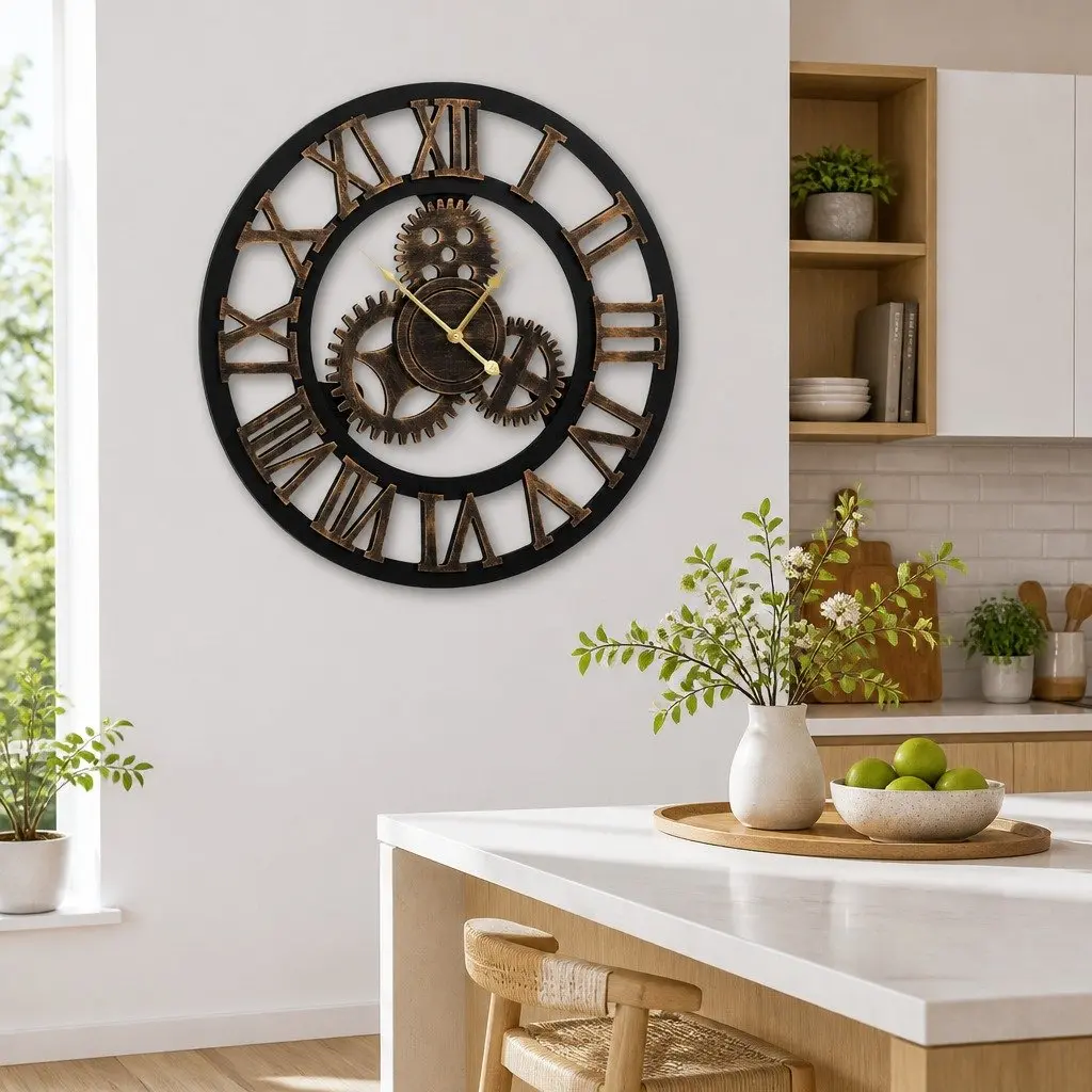 80cm Wall Clock Retro Roman Numerals Steampunk Design Large Home Decor Brown