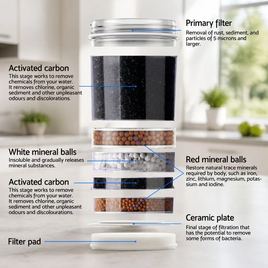 Water Dispenser Filter Bottle 22L Food-Grade Plastic 7-Stage Filtration System Blue Top-Loading