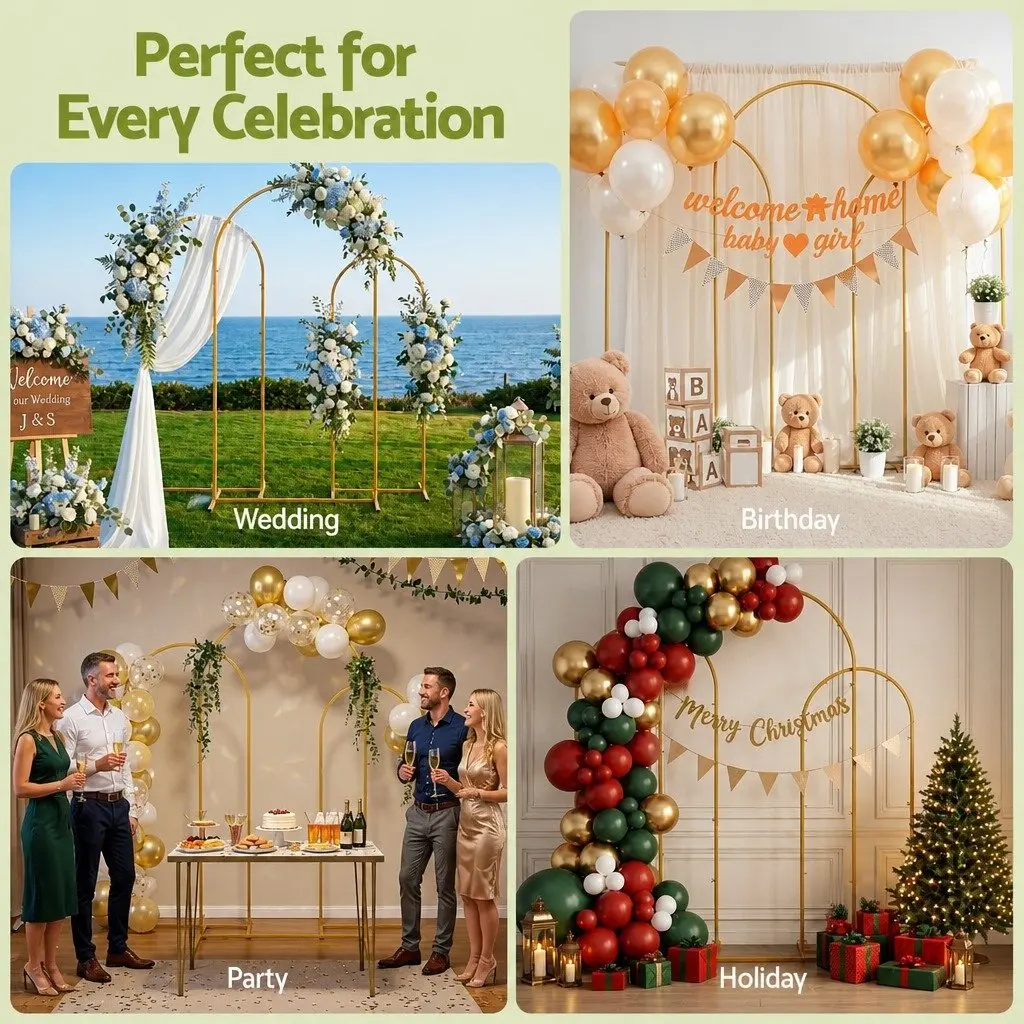 Wedding Arch Backdrop Stand Set of 3 Metal Frame Gold Party Decoration Ceremony