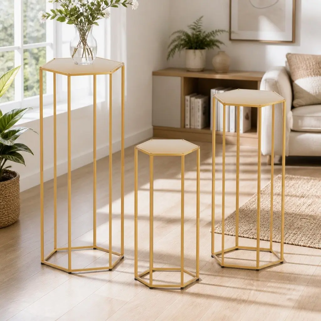 3 Piece Metal Hexagon Wedding Stand Set Gold Graduated Sizes