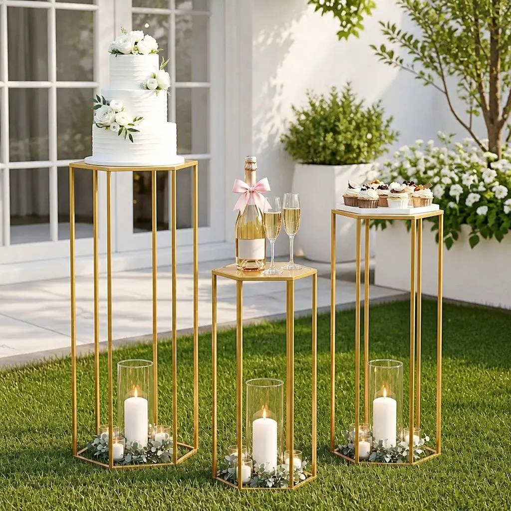 3 Piece Metal Hexagon Wedding Stand Set Gold Graduated Sizes