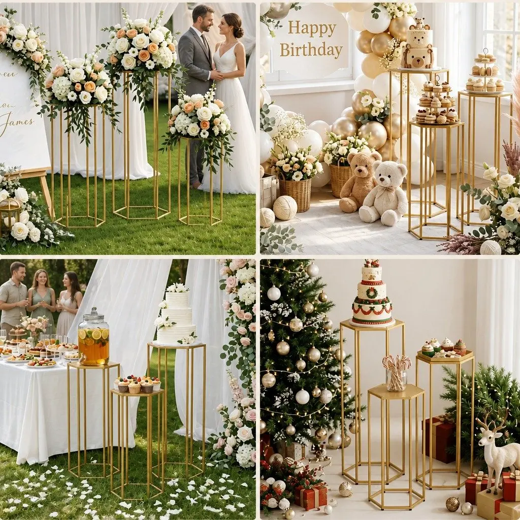 3 Piece Metal Hexagon Wedding Stand Set Gold Graduated Sizes