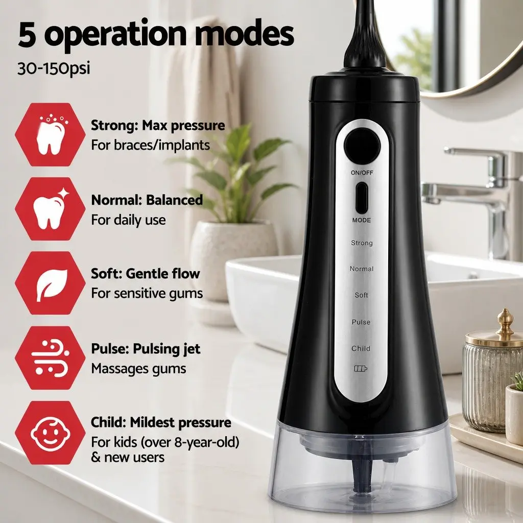 Cordless Water Flosser Oral Irrigator 350ml Tank Black