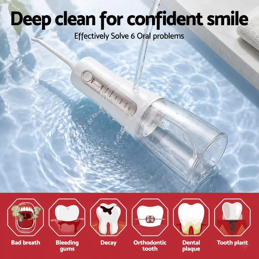 Cordless Oral Irrigator Rechargeable Water Flosser 350ml Tank with 8 Nozzle Heads and 5 Pressure Settings for Effective Teeth Cleaning