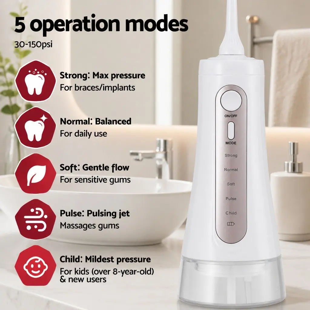 Cordless Oral Irrigator Rechargeable Water Flosser 350ml Tank with 8 Nozzle Heads and 5 Pressure Settings for Effective Teeth Cleaning