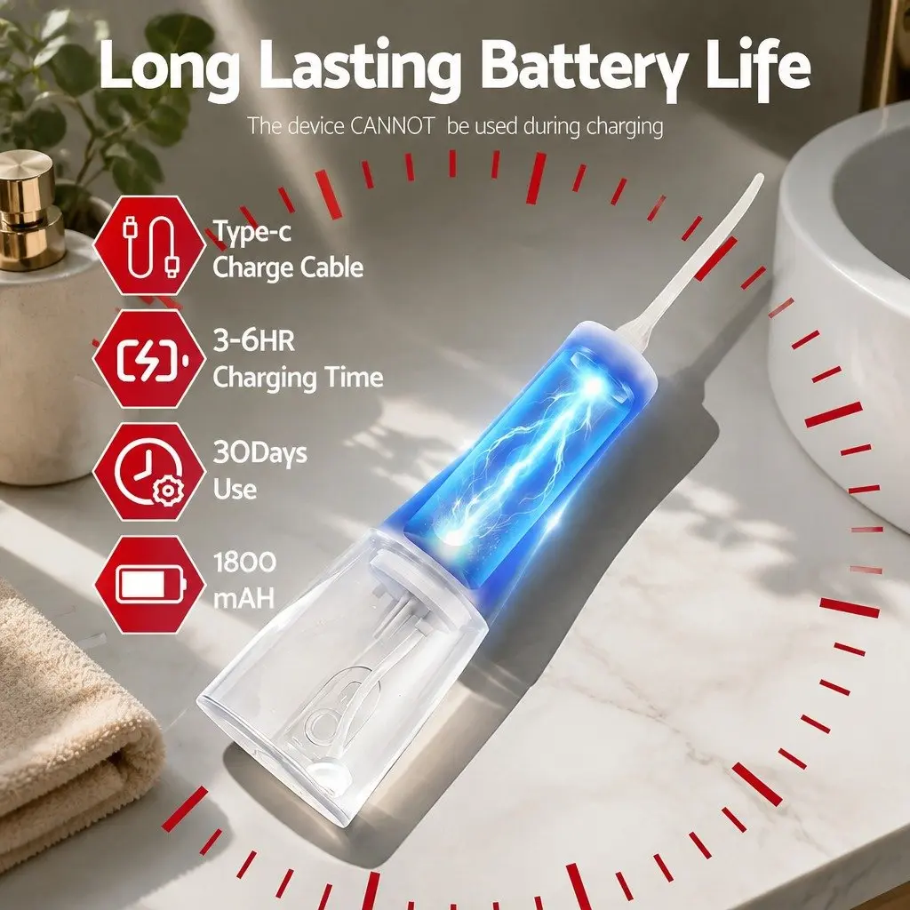 Cordless Oral Irrigator Rechargeable Water Flosser 350ml Tank with 8 Nozzle Heads and 5 Pressure Settings for Effective Teeth Cleaning
