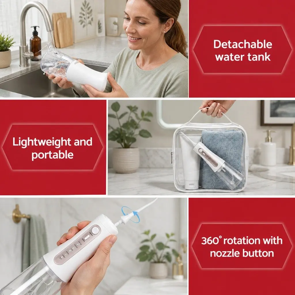 Cordless Oral Irrigator Rechargeable Water Flosser 350ml Tank with 8 Nozzle Heads and 5 Pressure Settings for Effective Teeth Cleaning