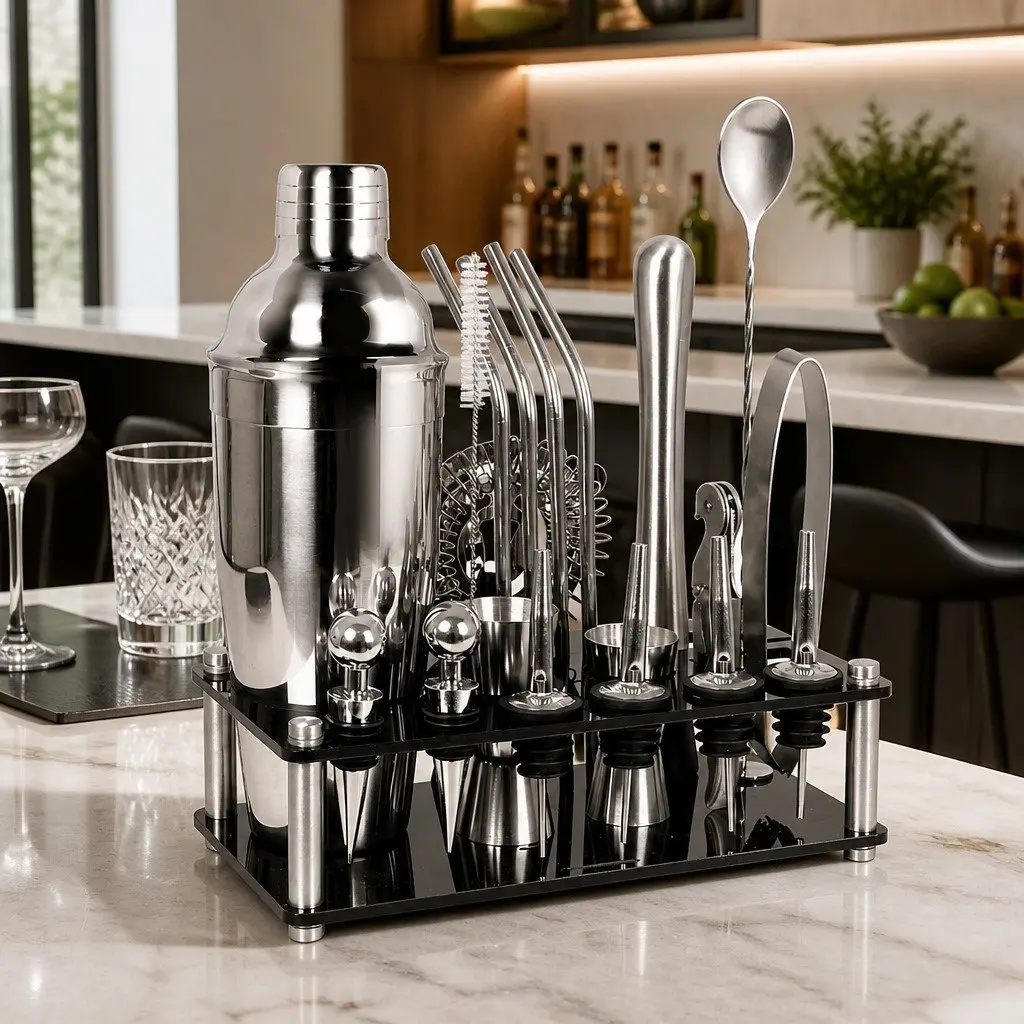 Cocktail Shaker Set Stainless Steel 750ml Silver 20 Piece Professional Bartending Kit
