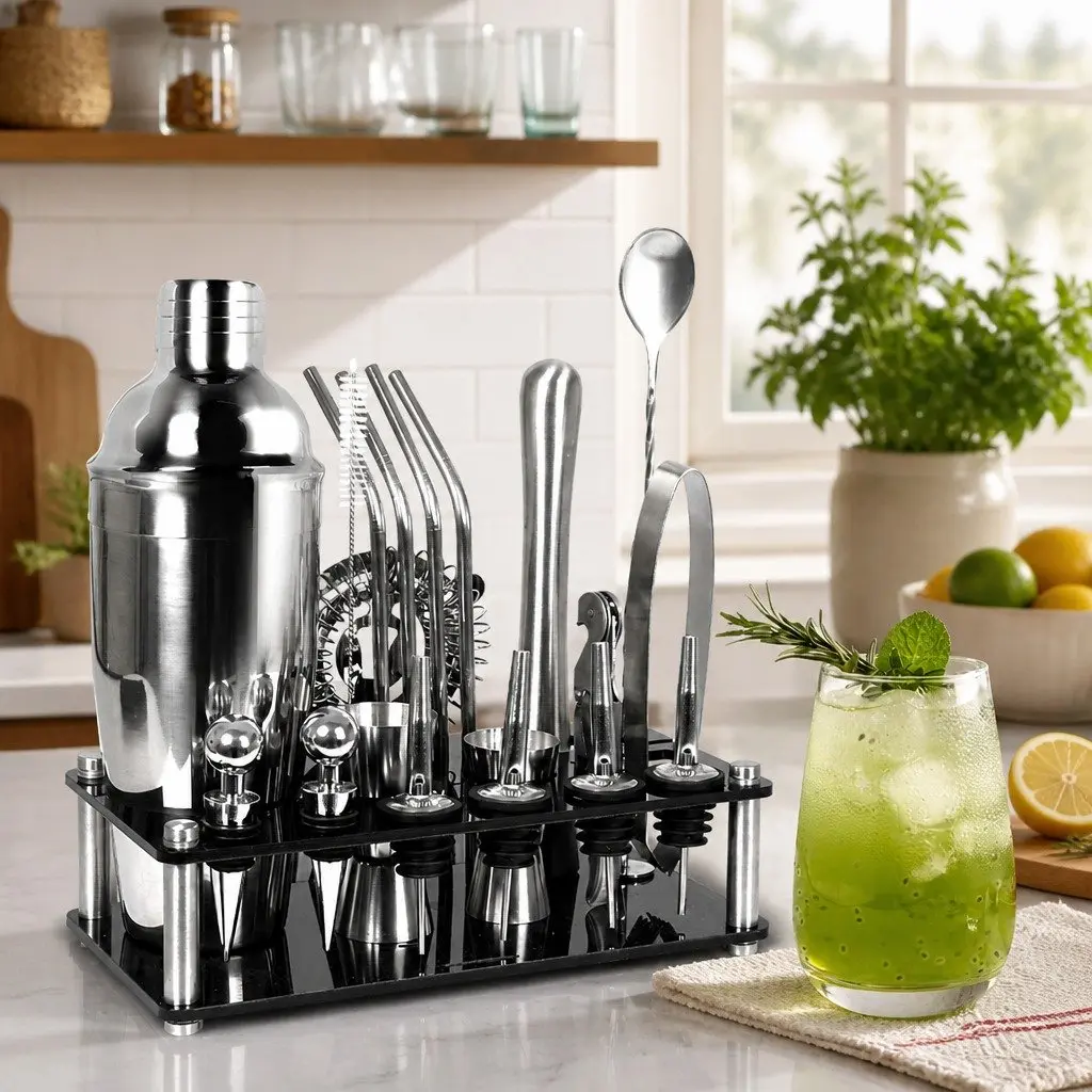 Cocktail Shaker Set Stainless Steel 750ml Silver 20 Piece Professional Bartending Kit