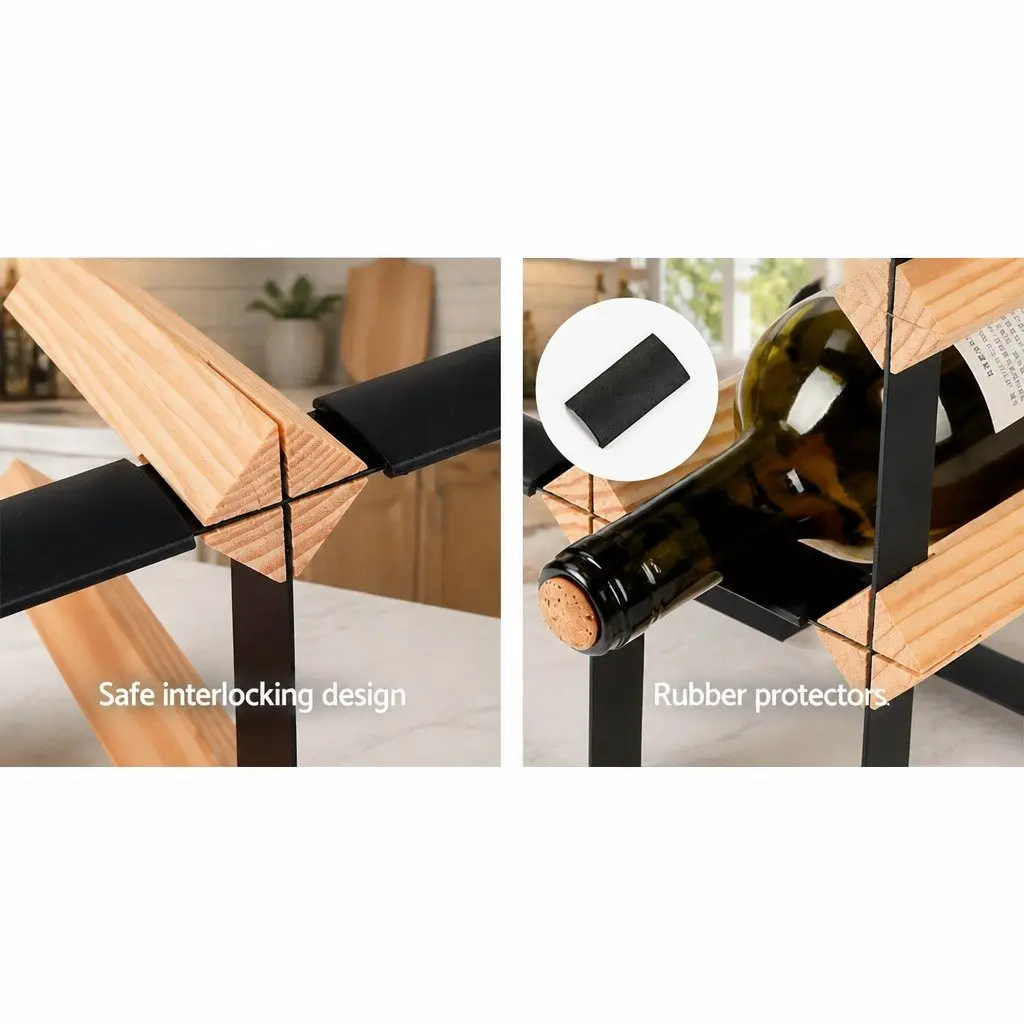 Wine Rack Pine Wood Steel Frame 12 Bottle Natural Kitchen Storage Organiser Display
