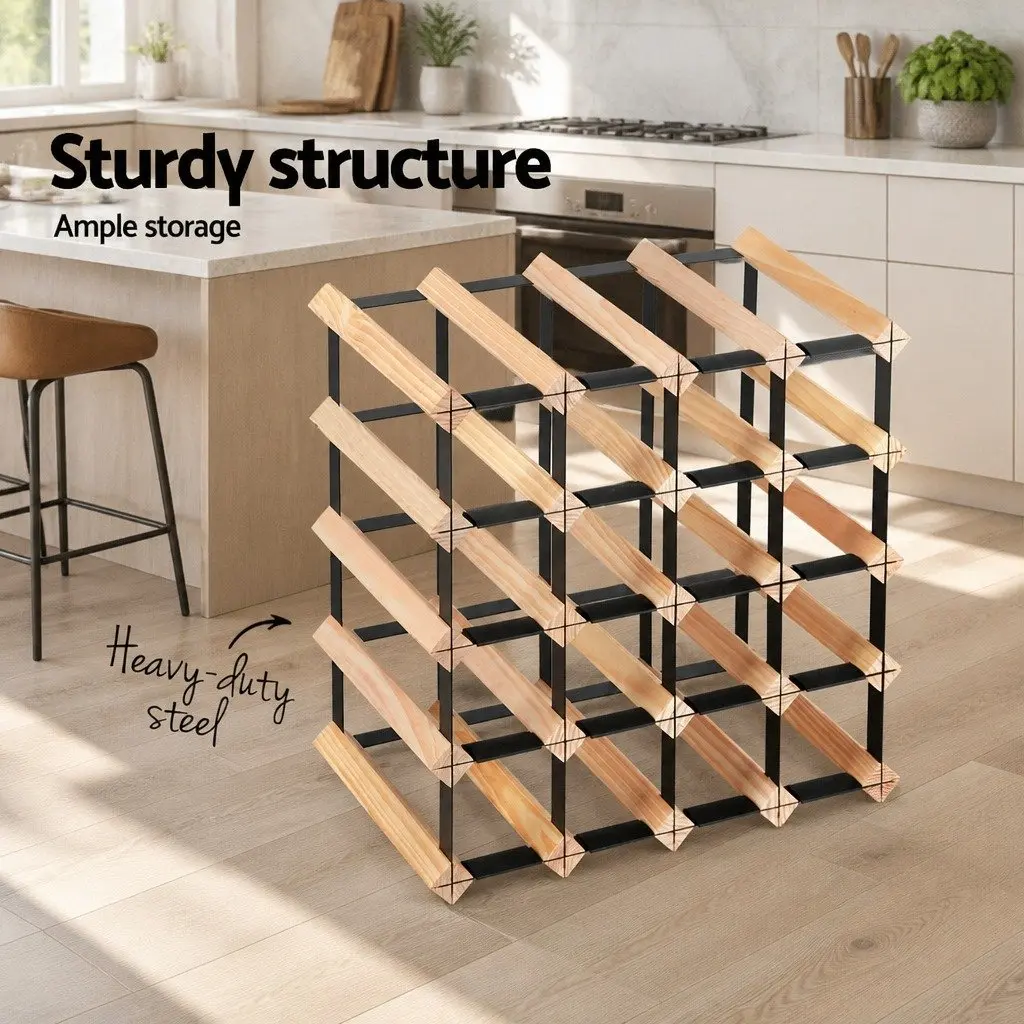 Wine Rack Pine Wood Steel Frame 20 Bottle Natural Storage Display Organiser