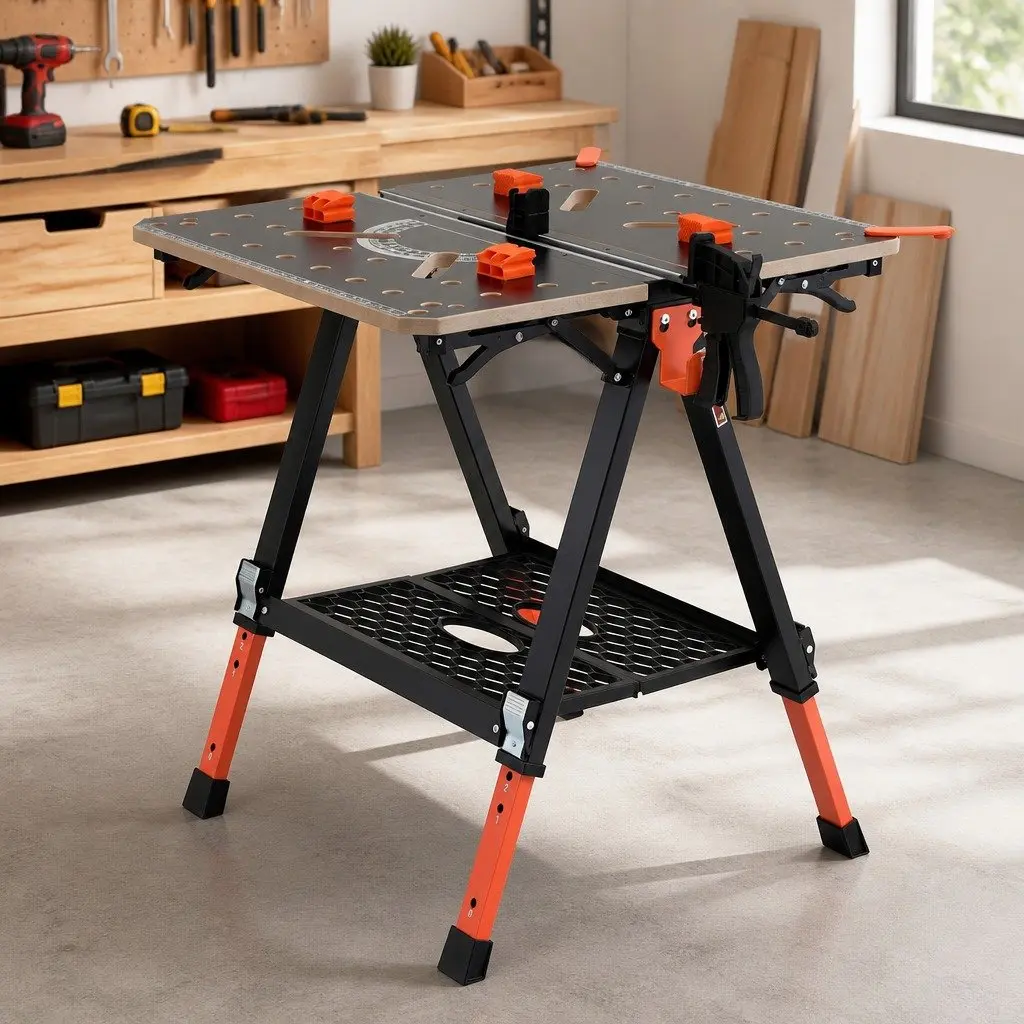 Portable Folding Work Table Adjustable Height Heavy-Duty Steel Frame 70 x 65 x 91.5 cm Black or Orange