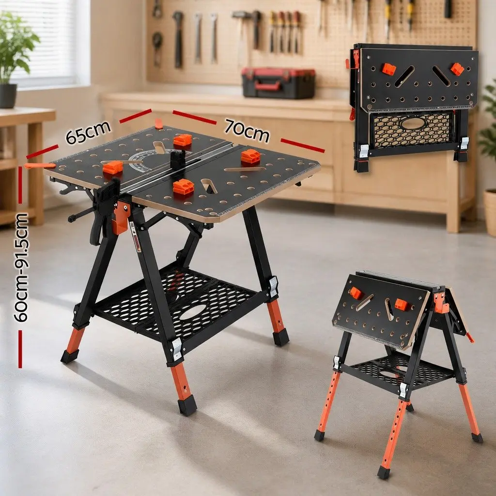 Portable Folding Work Table Adjustable Height Heavy-Duty Steel Frame 70 x 65 x 91.5 cm Black or Orange