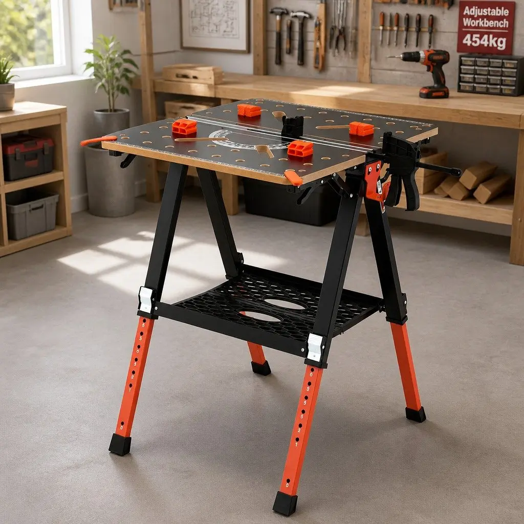Portable Folding Work Table Adjustable Height Heavy-Duty Steel Frame 70 x 65 x 91.5 cm Black or Orange