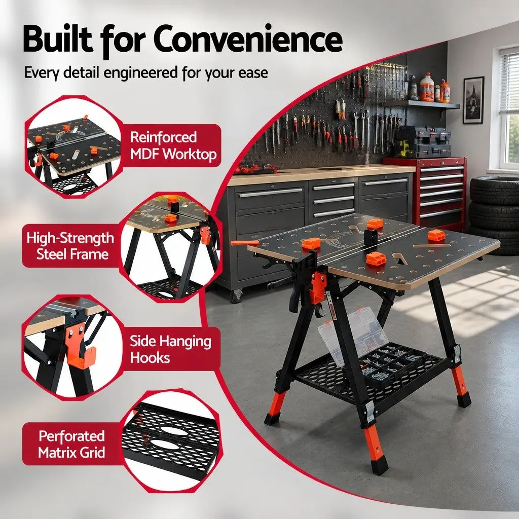 Portable Folding Work Table Adjustable Height Heavy-Duty Steel Frame 70 x 65 x 91.5 cm Black or Orange