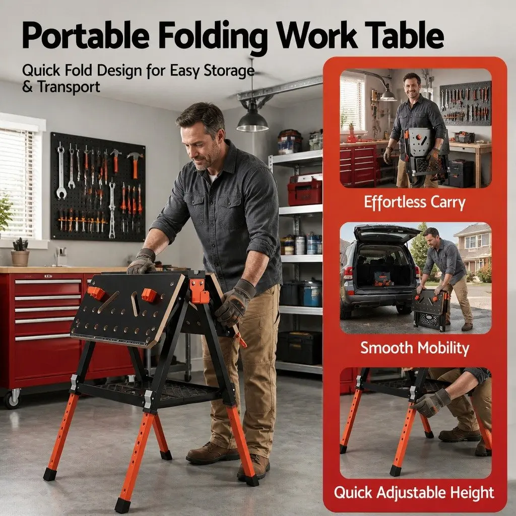 Portable Folding Work Table Adjustable Height Heavy-Duty Steel Frame 70 x 65 x 91.5 cm Black or Orange