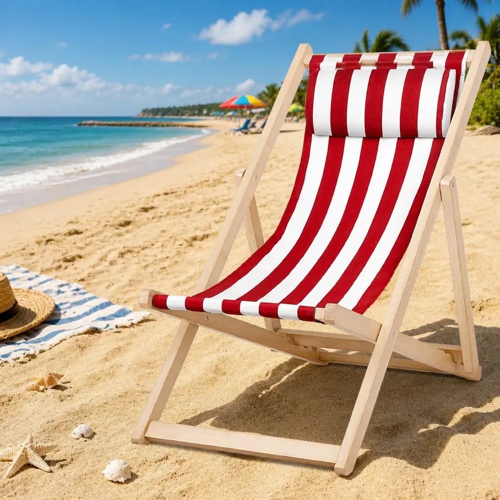 Wooden Outdoor Beach Deck Chair Folding Sun Lounger Red White Stripe 54cm Length 87-93cm Width 69-84cm Height
