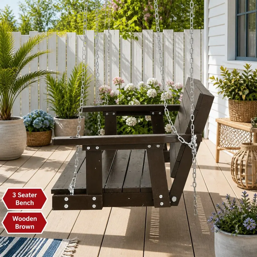 3 Seater Swing Chair Outdoor Garden Furniture Wooden Bench Solid Fir Brown