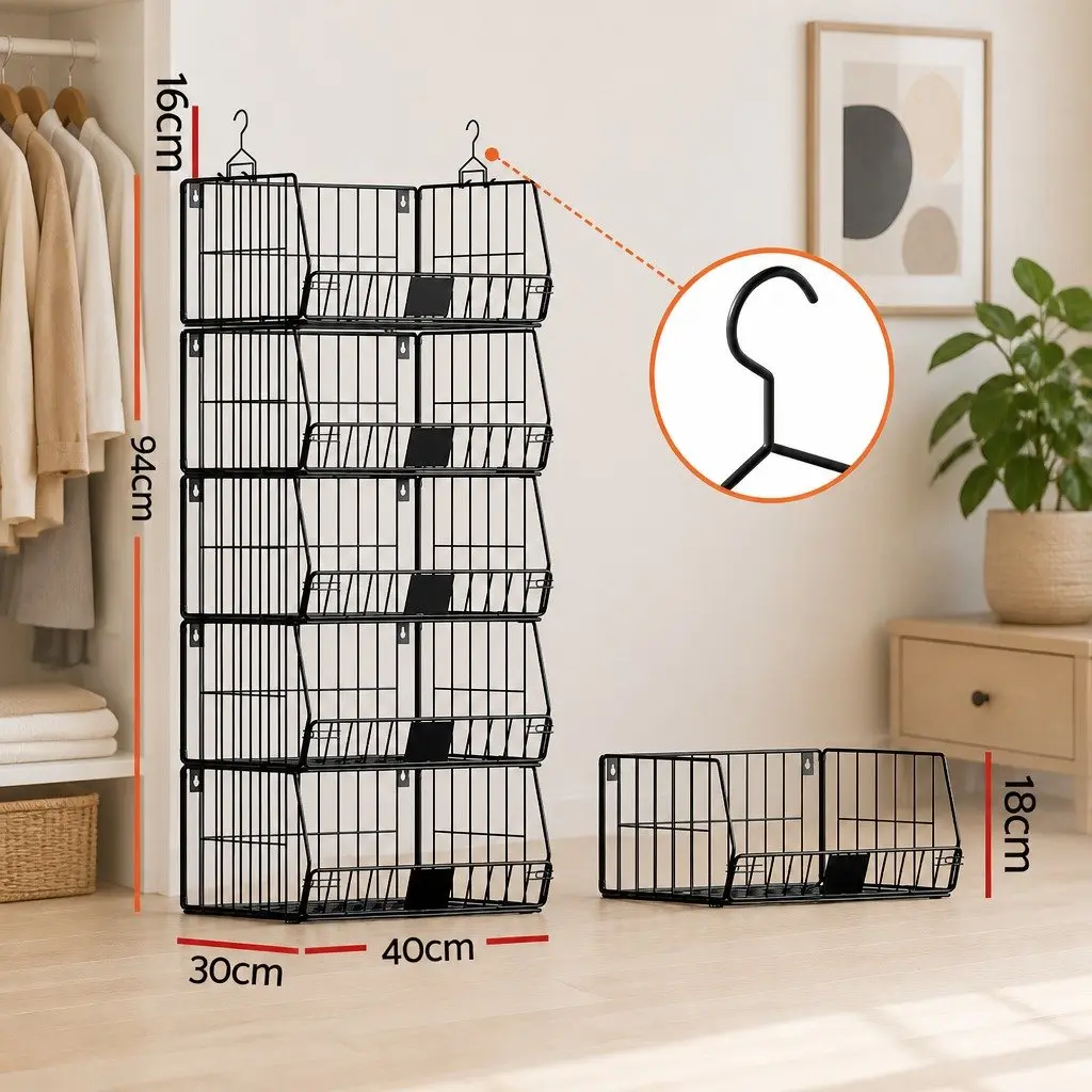 5 Tier Stackable Closet Organizer Iron 40cm W x 30cm D x 110cm H Black