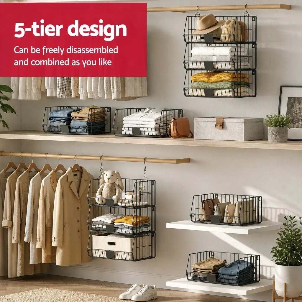 5 Tier Stackable Closet Organizer Iron 40cm W x 30cm D x 110cm H Black