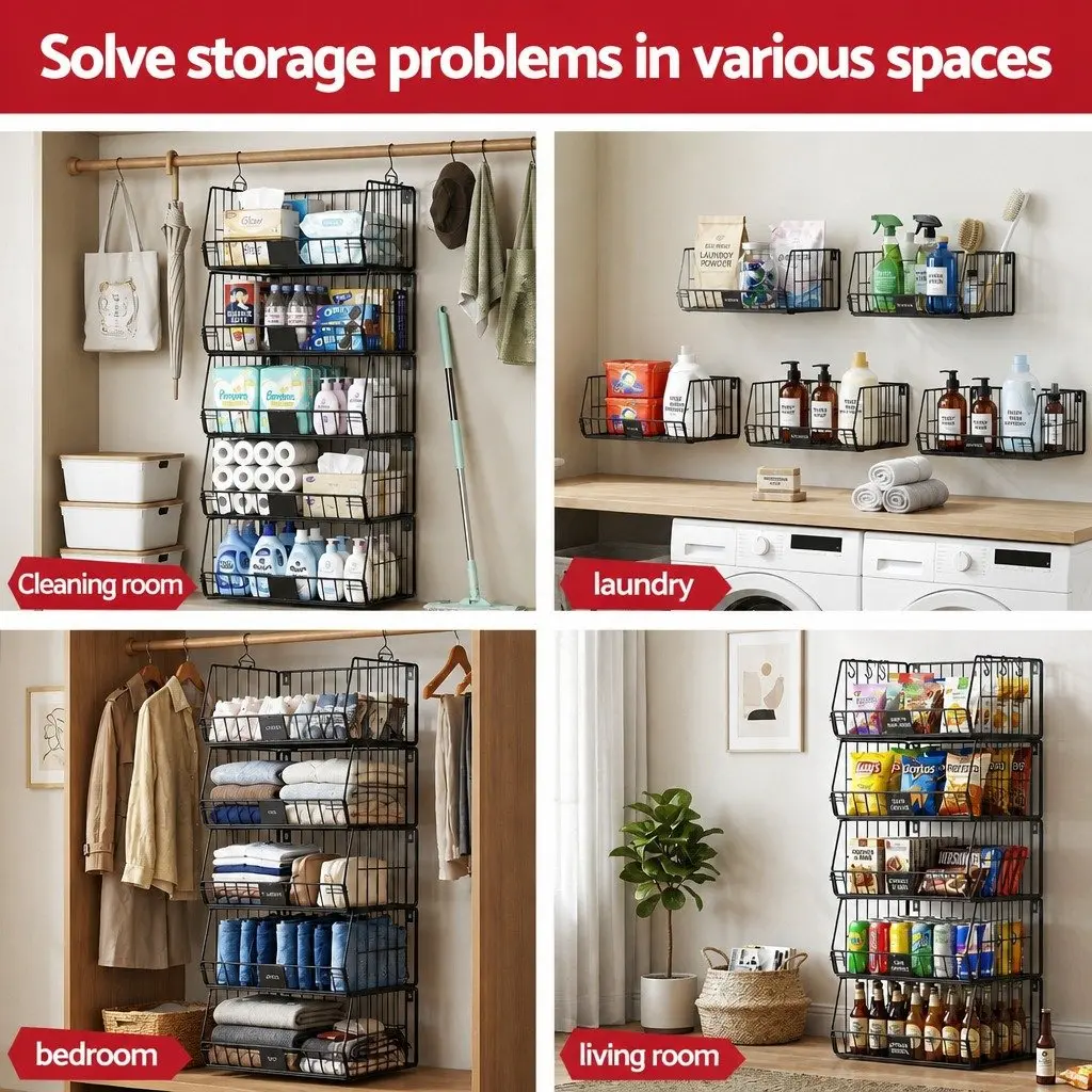 5 Tier Stackable Closet Organizer Iron 40cm W x 30cm D x 110cm H Black