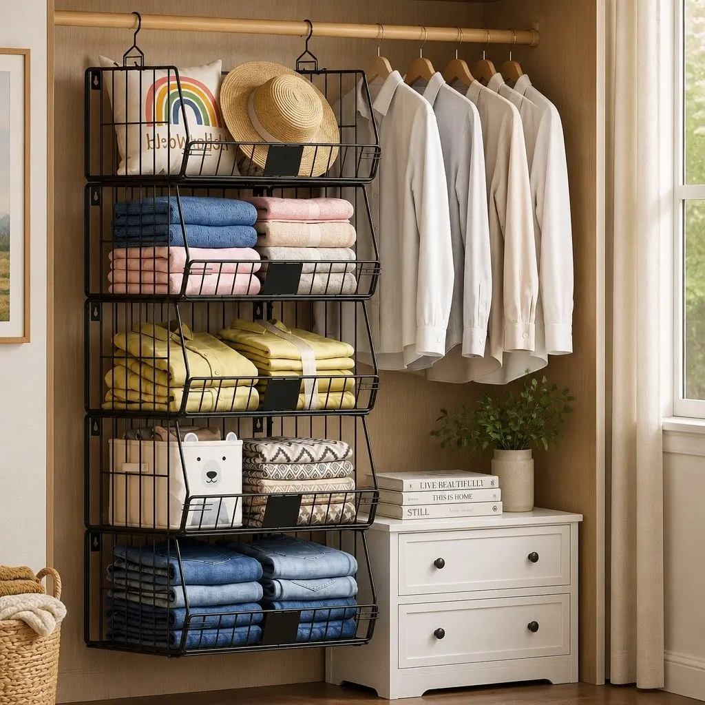 5 Tier Stackable Closet Organizer Iron 40cm W x 30cm D x 110cm H Black