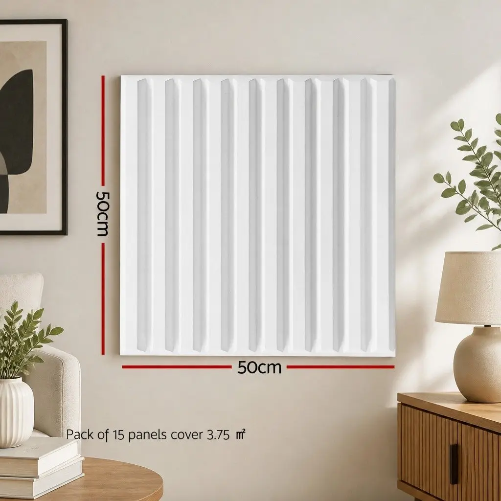 PVC Decorative 3D Wall Panels White 50x50cm Set of 15 Vertical Feature Panels