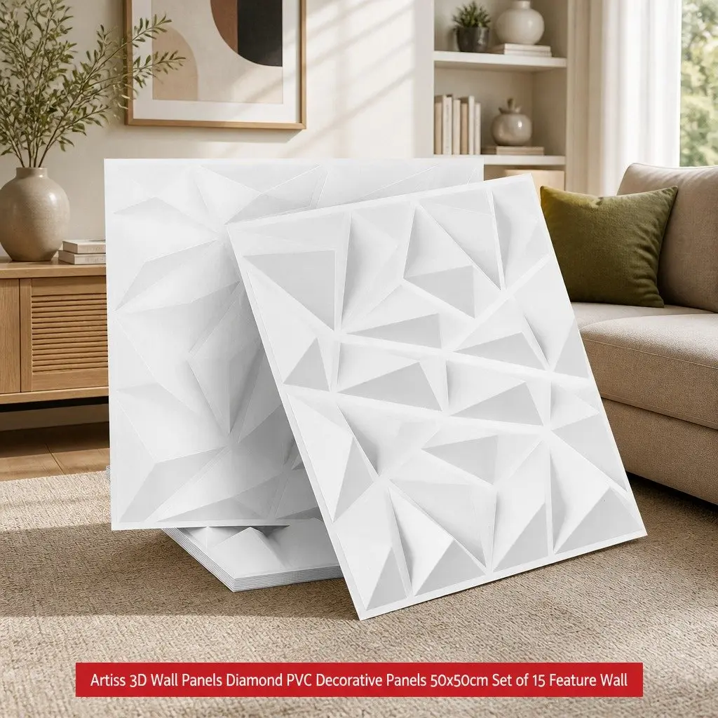 3D Wall Panels PVC Diamond Pattern 50x50cm White Set 15