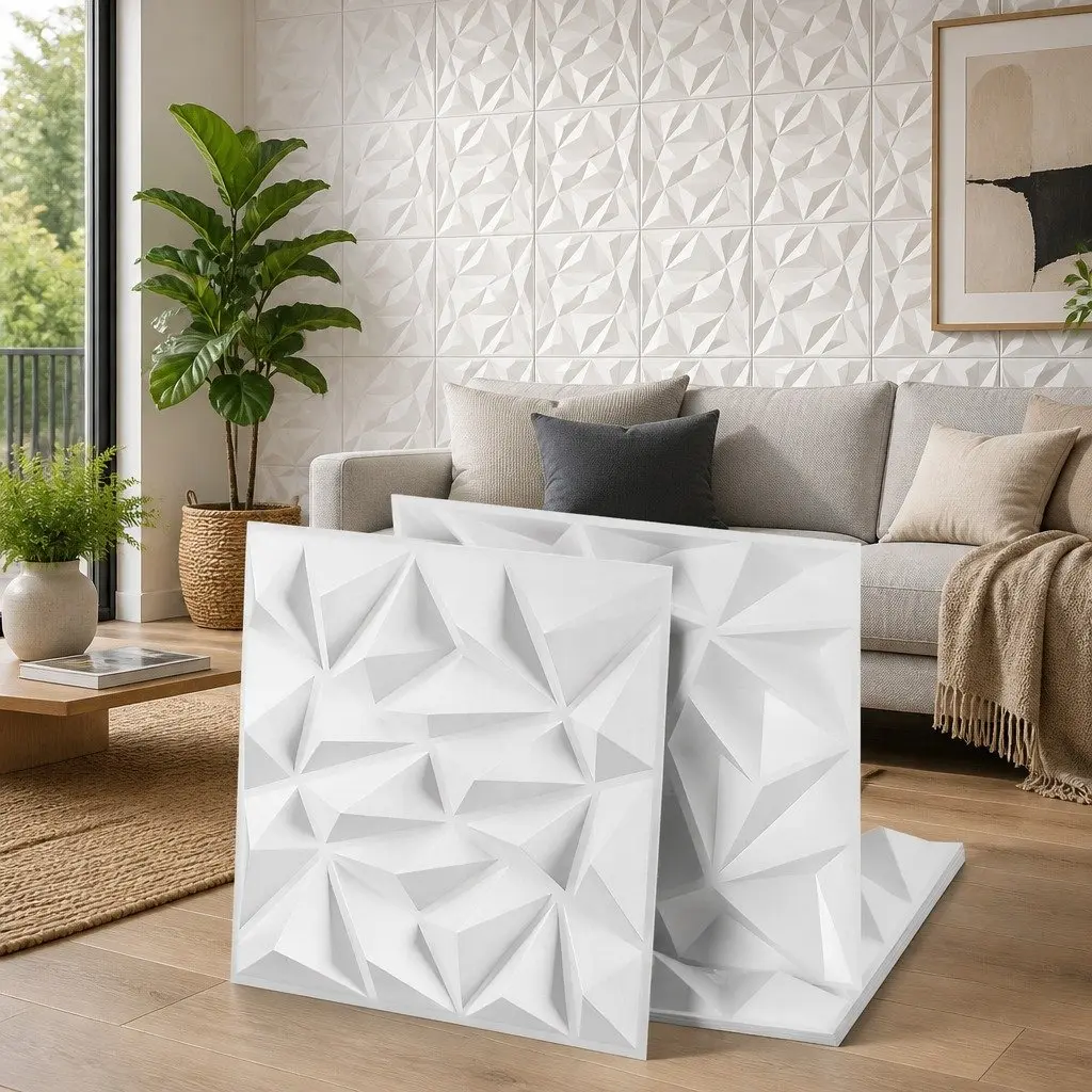 3D Wall Panels PVC Diamond Pattern 50x50cm White Set 15