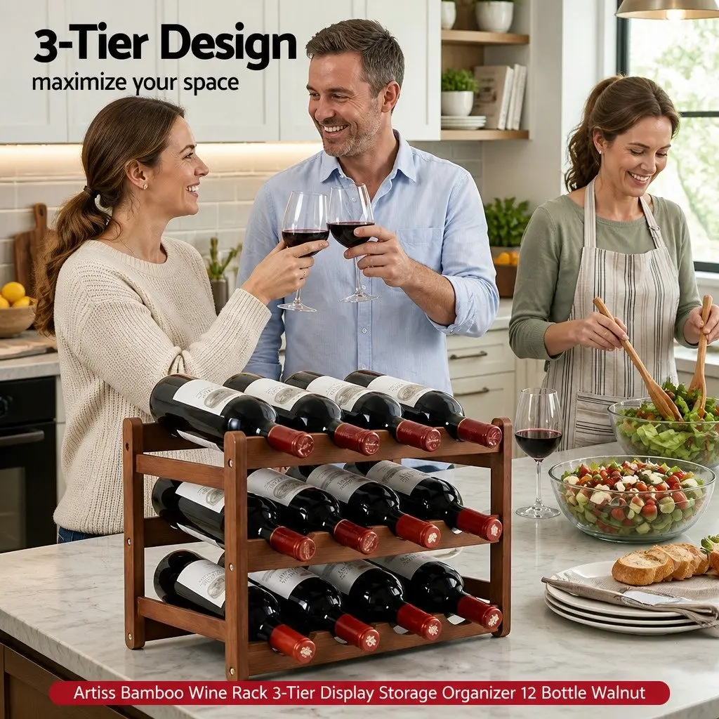 3-Tier Bamboo Wine Rack Natural Bamboo 43 x 23.5 x 27cm Walnut Free-Standing