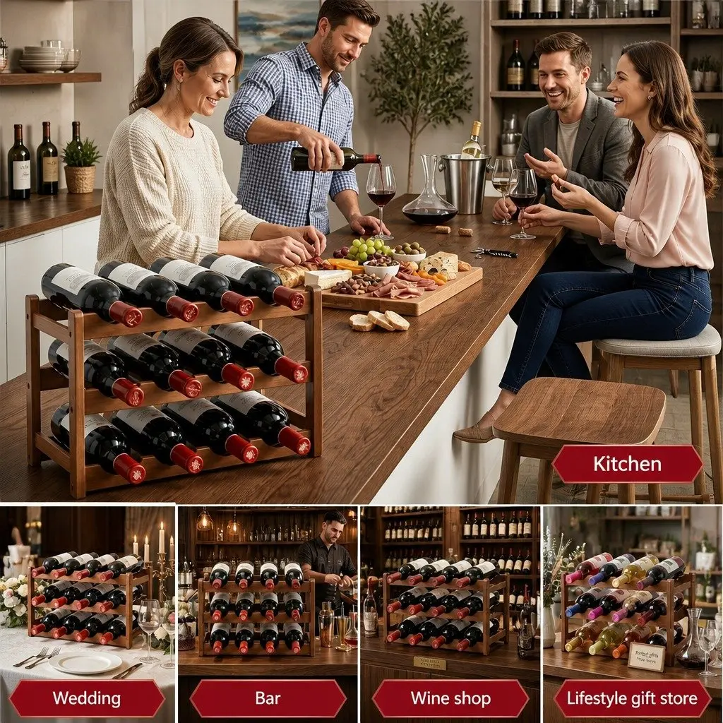3-Tier Bamboo Wine Rack Natural Bamboo 43 x 23.5 x 27cm Walnut Free-Standing