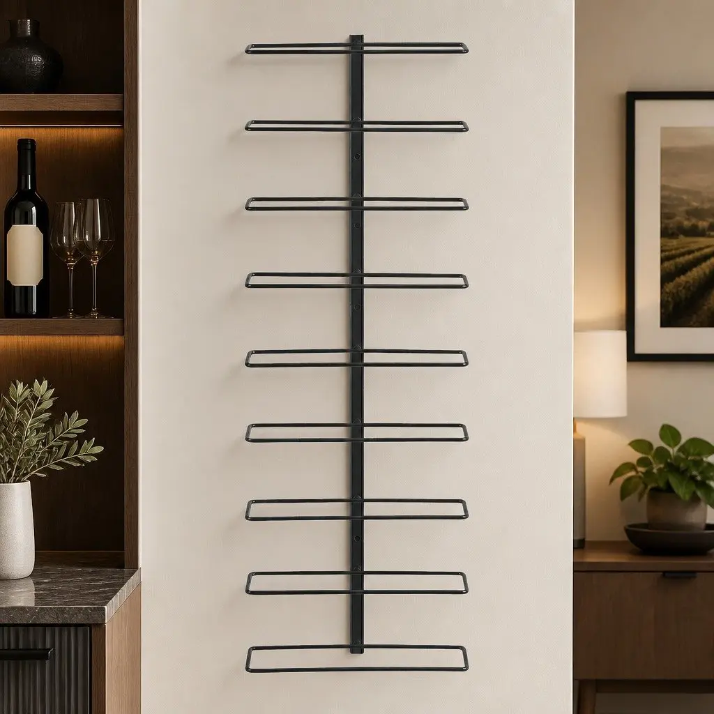 Wall Mounted Wine Rack Metal 9 Bottles Vertical Black
