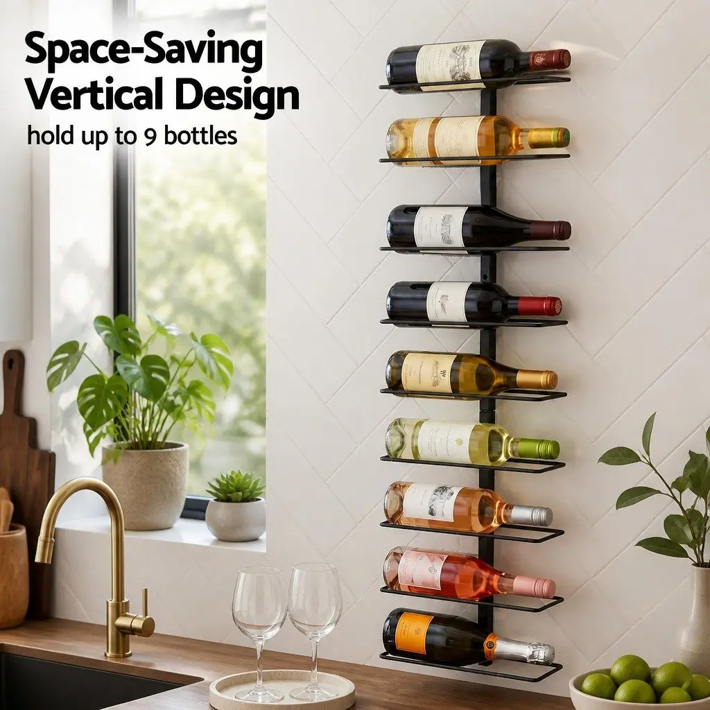 Wall Mounted Wine Rack Metal 9 Bottles Vertical Black
