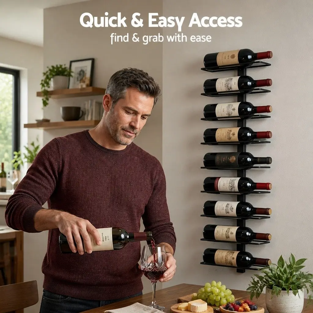 Wall Mounted Wine Rack Metal 9 Bottles Vertical Black