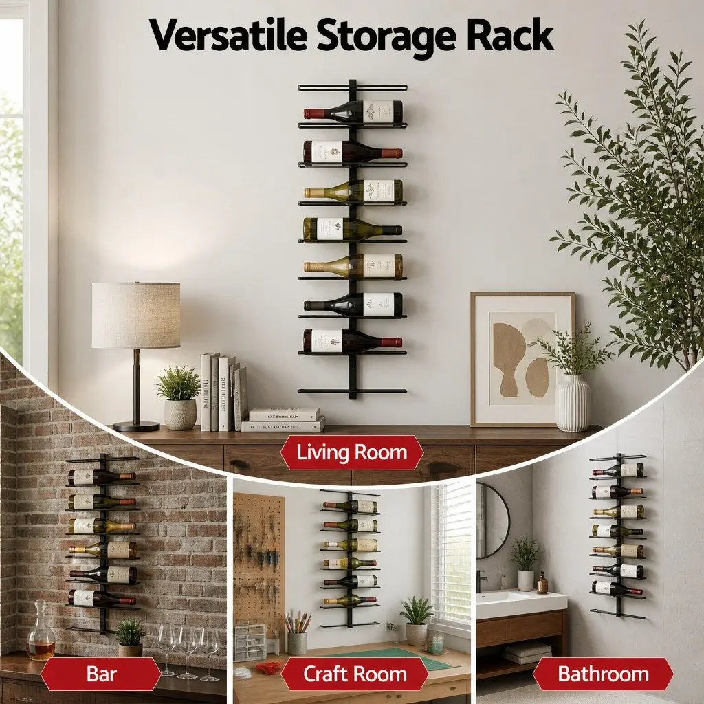 Wall Mounted Wine Rack Metal 9 Bottles Vertical Black