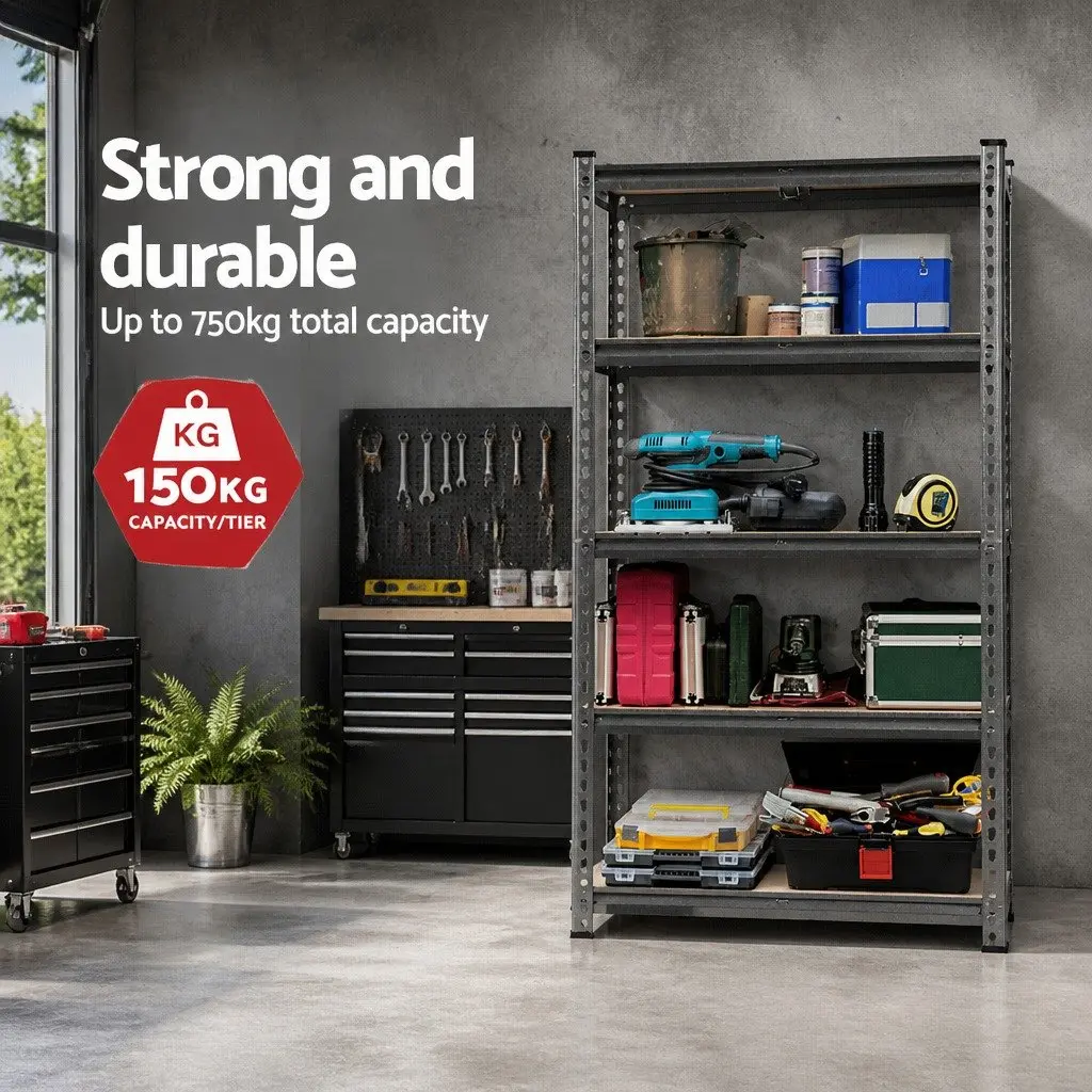 Storage Rack Adjustable Boltless Charcoal Steel 1.5M for Garage Warehouse Workshop Organising Tools and Equipment