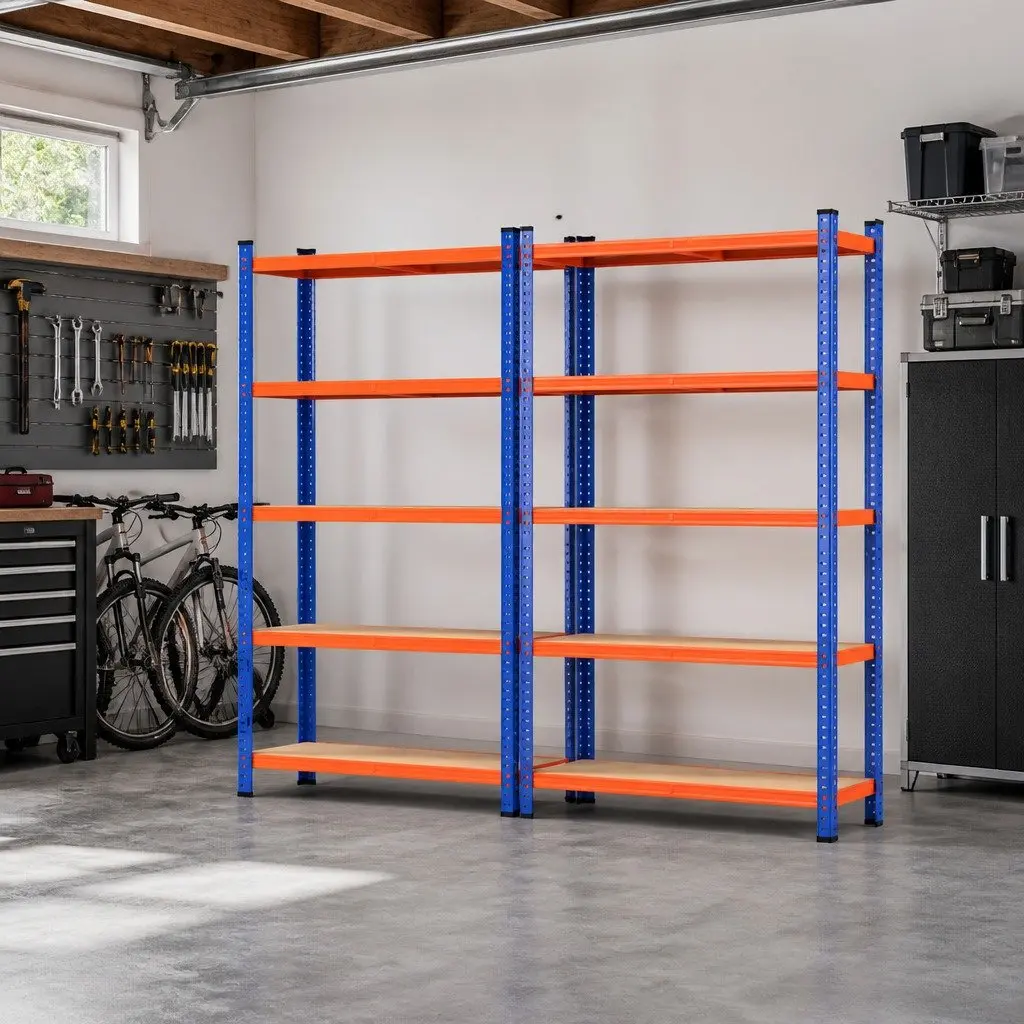5-Tier Heavy Duty Garage Storage Rack Powder-Coated Steel MDF Board 90 x 40 x 180cm Orange Blue