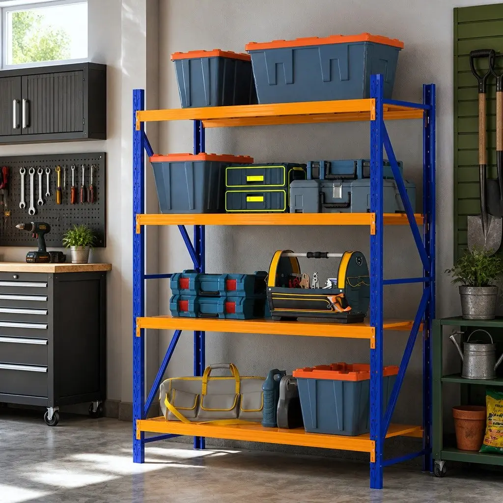 Warehouse Shelving Unit Steel Frame 2m x 1.5m Adjustable Shelf Orange Blue