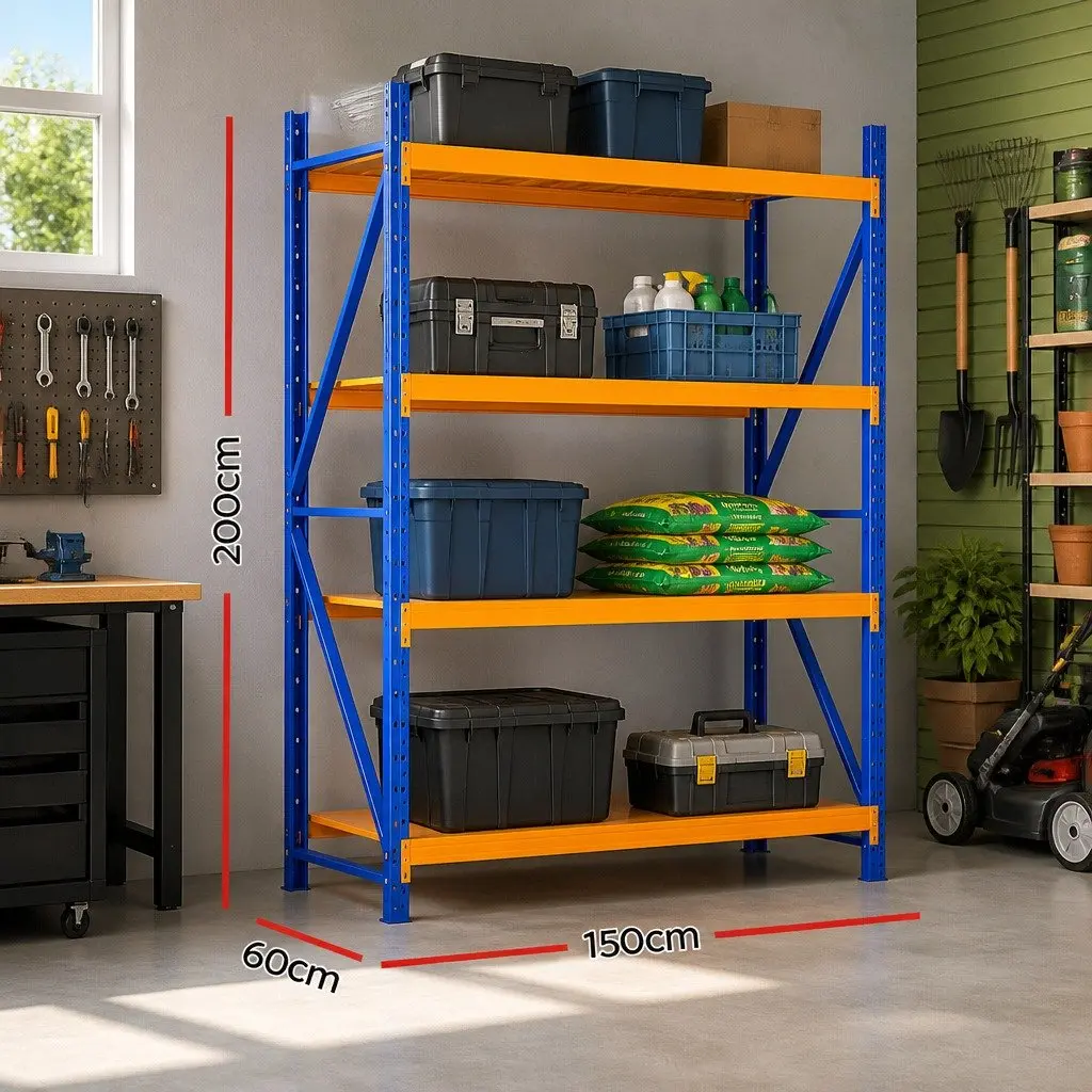Warehouse Shelving Unit Steel Frame 2m x 1.5m Adjustable Shelf Orange Blue