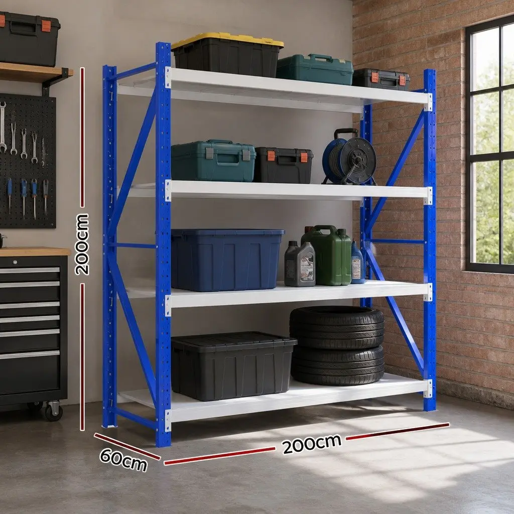 Warehouse Shelving Unit Steel 2M x 2M Blue or Grey 4 Tier Boltless Storage Rack