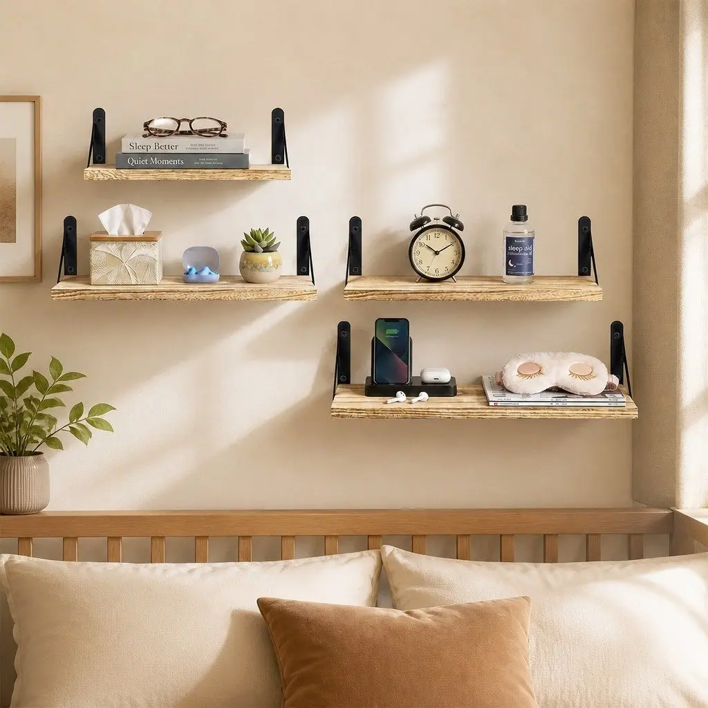 Floating Wall Shelves Paulownia Wood 4 Piece Set Rustic Brown Storage Display Rack