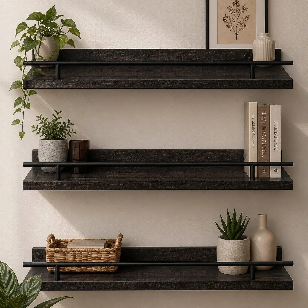 Floating Wall Shelves Paulownia Wood Set of 3 Black Wall Mounted Storage Display Rack with Guard Rail