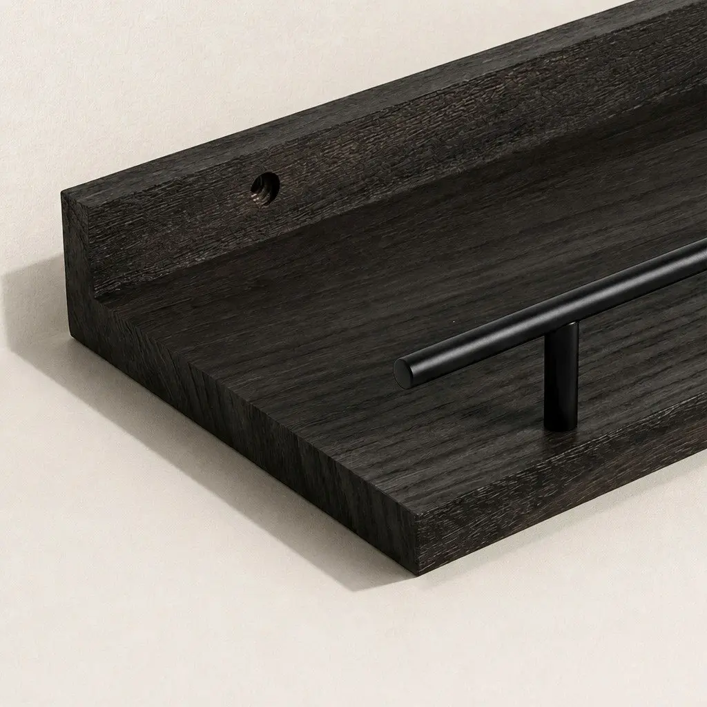 Floating Wall Shelves Paulownia Wood Set of 3 Black Wall Mounted Storage Display Rack with Guard Rail