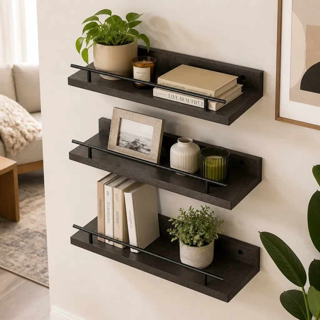 Floating Wall Shelves Paulownia Wood Set of 3 Black Wall Mounted Storage Display Rack with Guard Rail