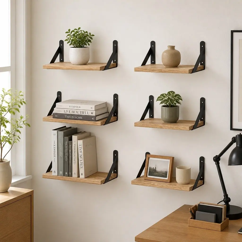 Floating Wall Shelves Set of 6 Wooden Wall Mounted Display Bookshelf Storage