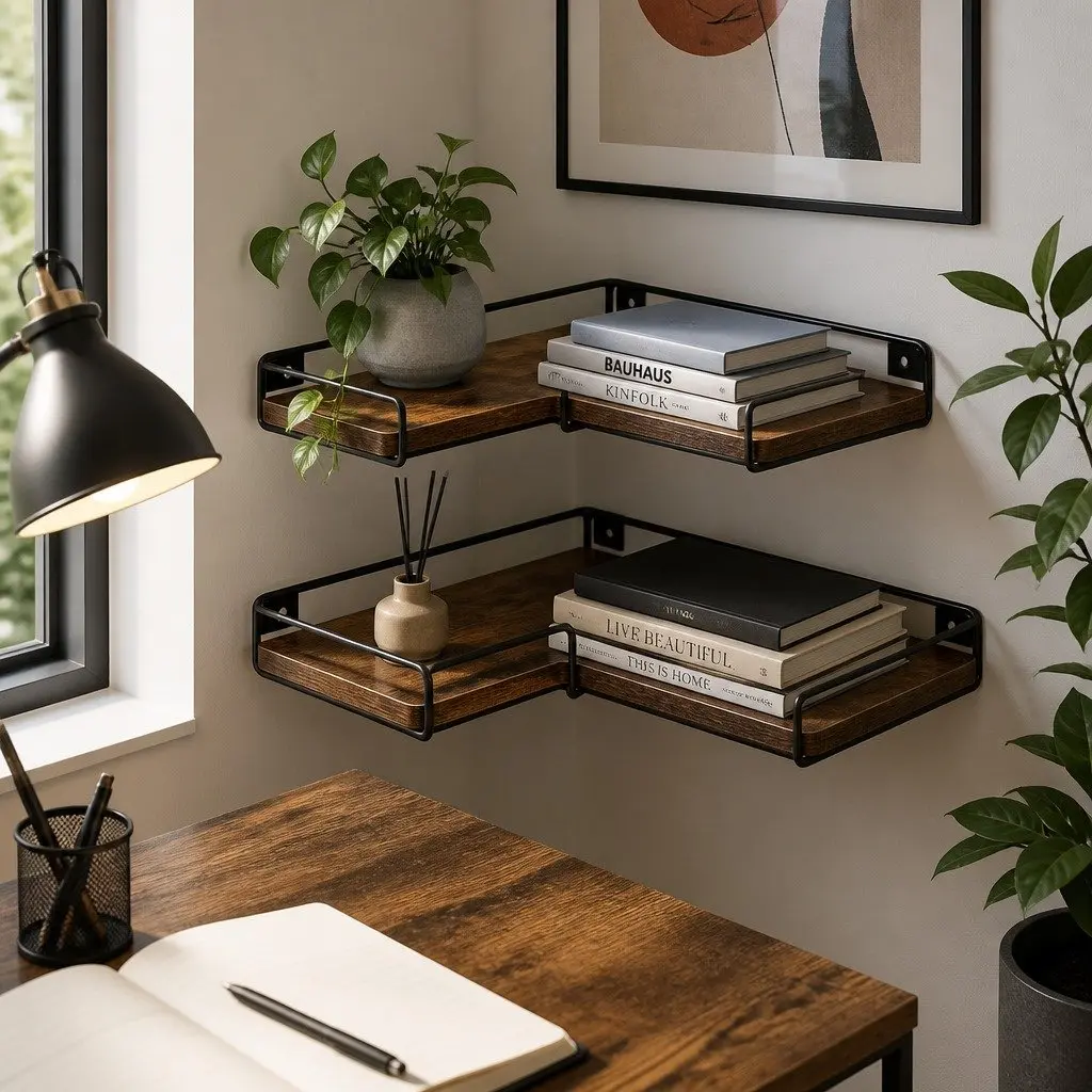 Floating Corner Wall Shelf L-Shape Rustic Brown 2 Piece
