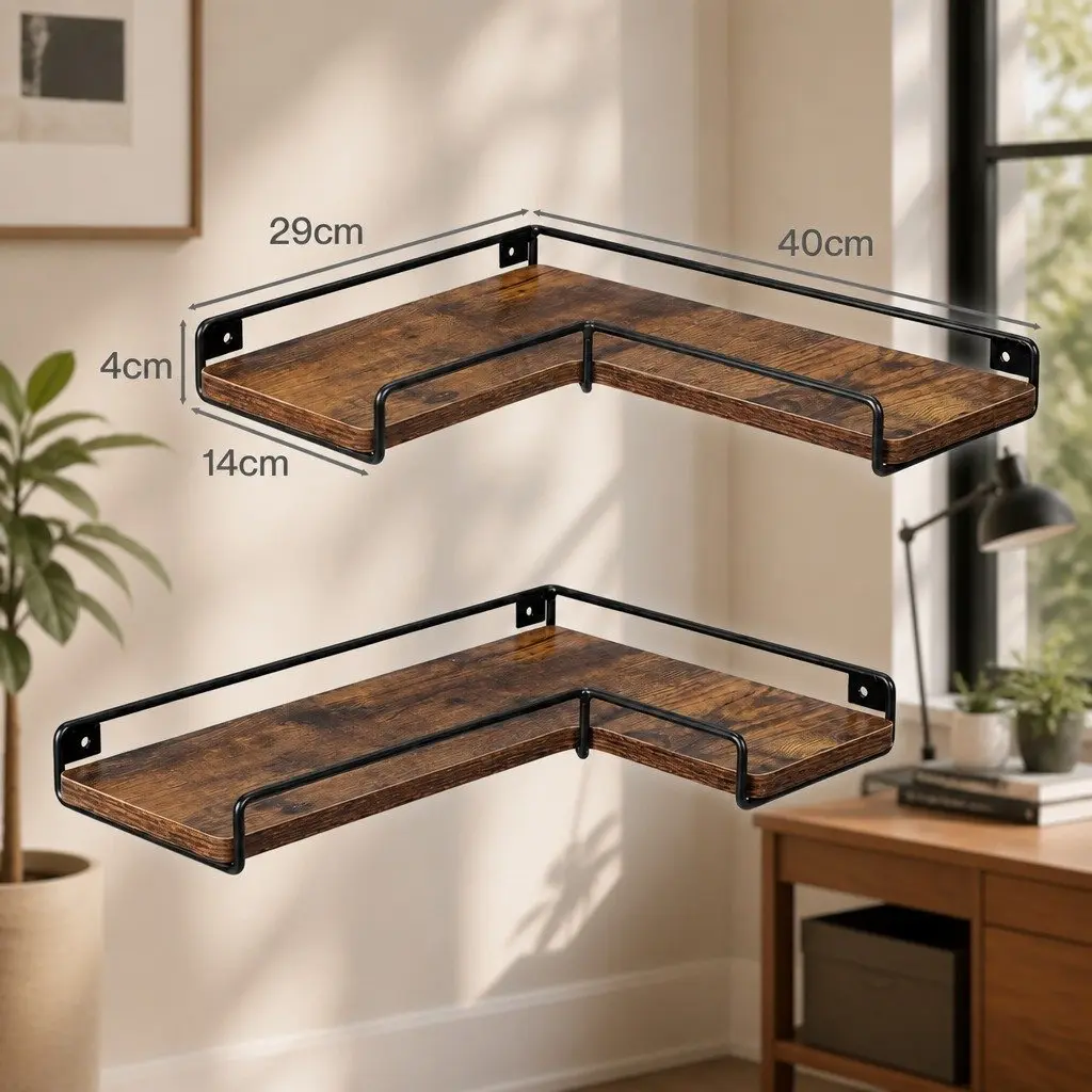 Floating Corner Wall Shelf L-Shape Rustic Brown 2 Piece